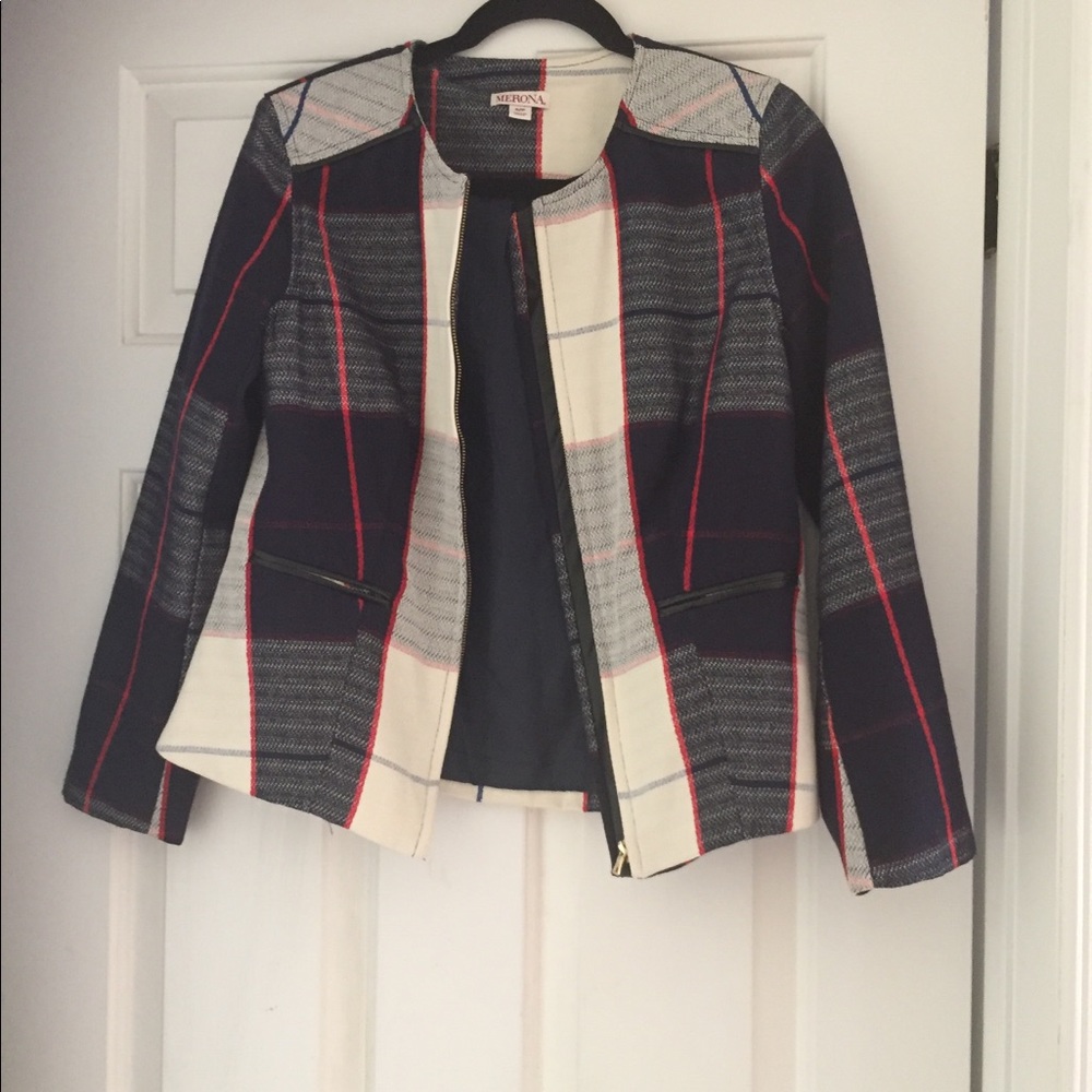 Plaid 100% cotton blazer with faux leather trim